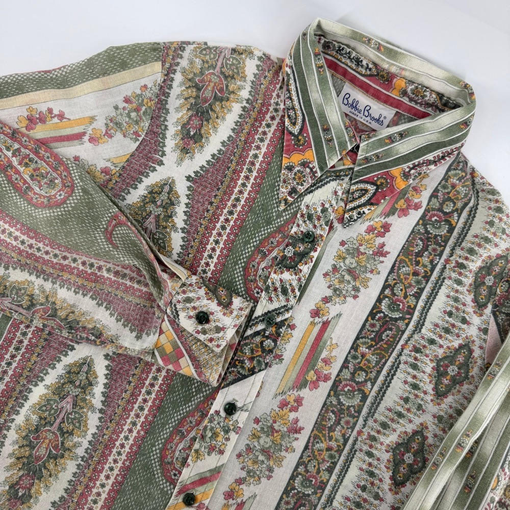 Vintage Bobbie Brooks Button Down Shirt Womens S Green Pink Paisley Floral 70s
